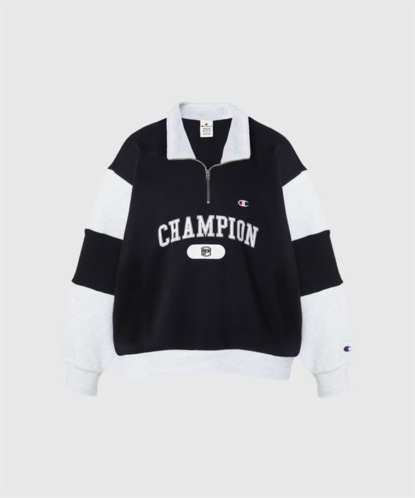 Champion / 學院風拼接半拉鍊上衣(黑色-M-BLACK)