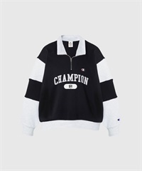 Champion / 學院風拼接半拉鍊上衣(黑色-M-BLACK)