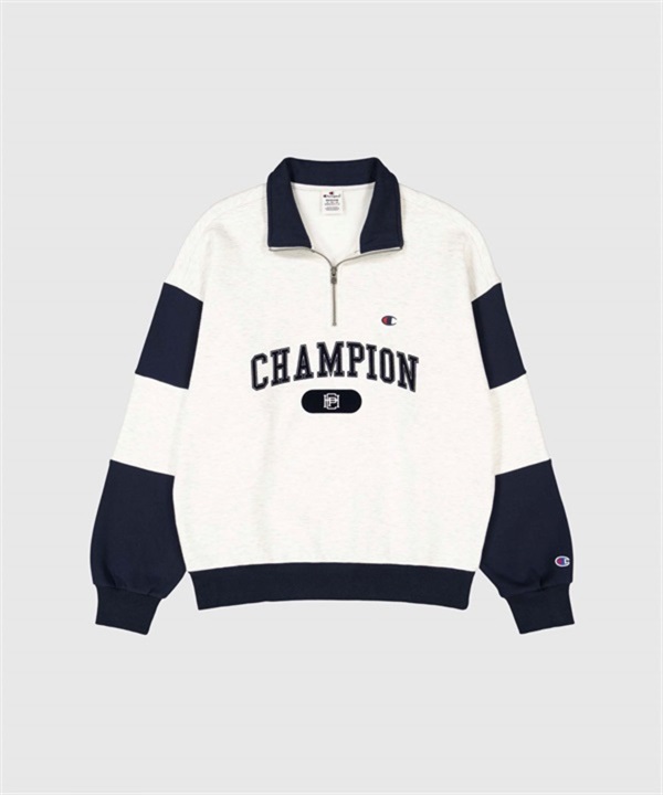 Champion / 學院風拼接半拉鍊上衣(灰色-M-GRAY)