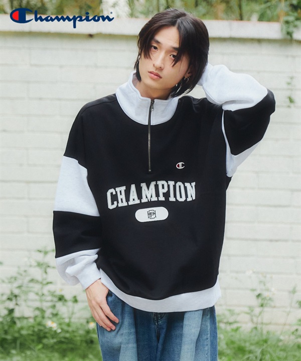 Champion / 學院風拼接半拉鍊上衣