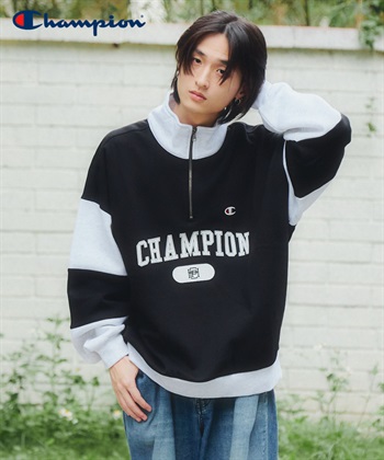 Champion / 學院風拼接半拉鍊上衣