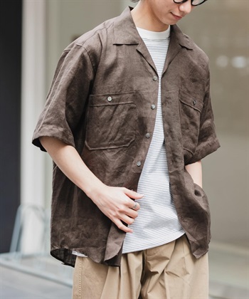 FORK&SPOON 法國亞麻短袖開領襯衫