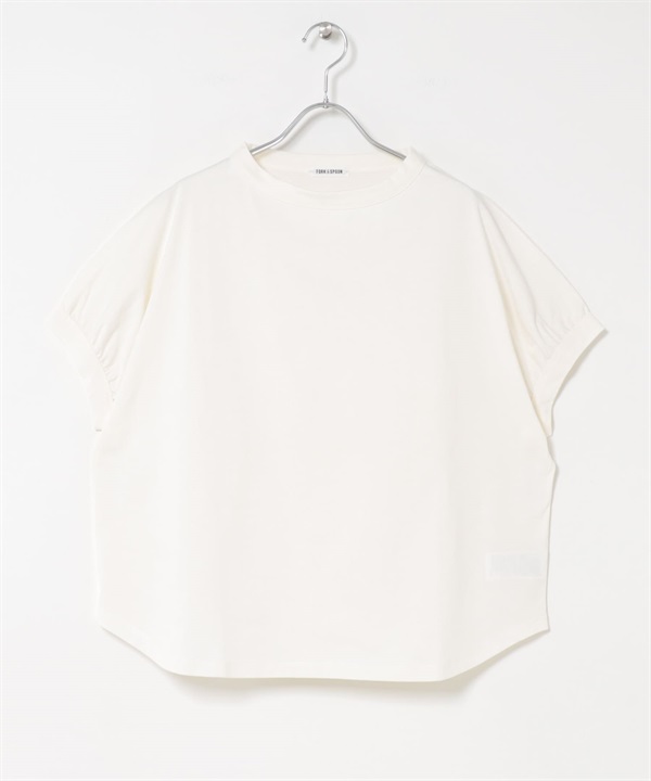FORK&SPOON 瓶型領碎褶袖T恤(米色-1-OFF WHITE)