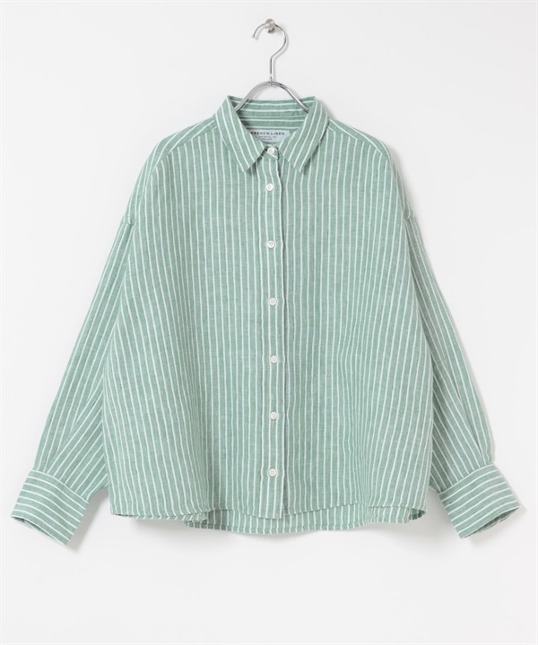 FORK&SPOON 法國亞麻寬鬆短版襯衫(綠色條紋-1-其他綠色)