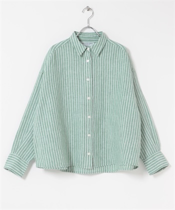 FORK&SPOON 法國亞麻寬鬆短版襯衫(綠色條紋-1-其他綠色)