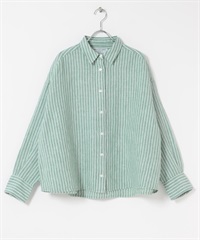 FORK&SPOON 法國亞麻寬鬆短版襯衫(綠色條紋-1-其他綠色)
