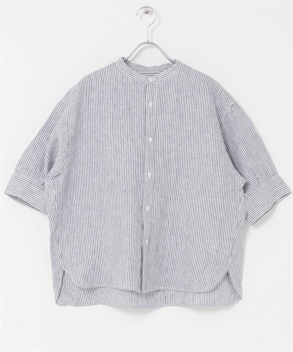 FORK&SPOON 法國亞麻短袖襯衫(藍色條紋-1-其他藍色)