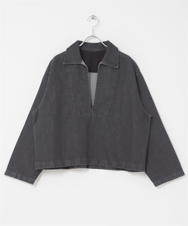 FORK&SPOON 和紙混紡V字領緣牛仔襯衫(黑色-1-BLACK)