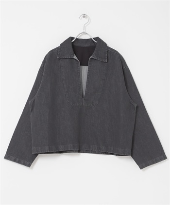 FORK&SPOON 和紙混紡V字領緣牛仔襯衫(黑色-1-BLACK)
