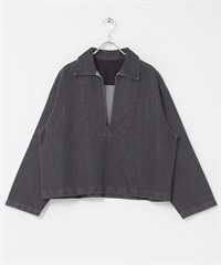 FORK&SPOON 和紙混紡V字領緣牛仔襯衫(黑色-1-BLACK)