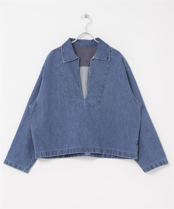 FORK&SPOON 和紙混紡V字領緣牛仔襯衫(藍色-1-BLUE)