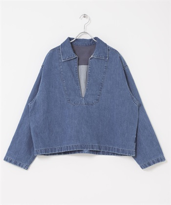 FORK&SPOON 和紙混紡V字領緣牛仔襯衫(藍色-1-BLUE)