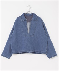 FORK&SPOON 和紙混紡V字領緣牛仔襯衫(藍色-1-BLUE)