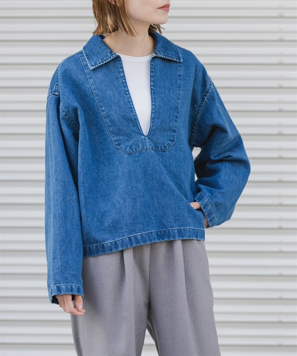 FORK&SPOON 和紙混紡V字領緣牛仔襯衫