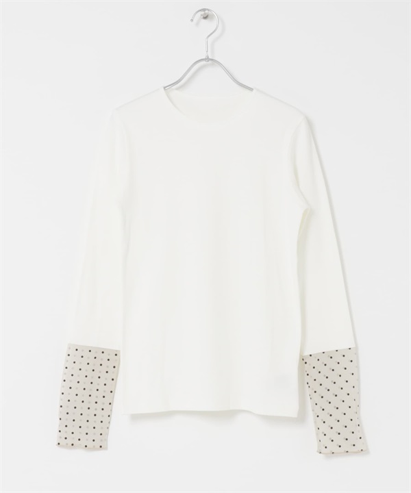 袖口點點拼接長袖T恤(米色-FREE-OFF WHITE)