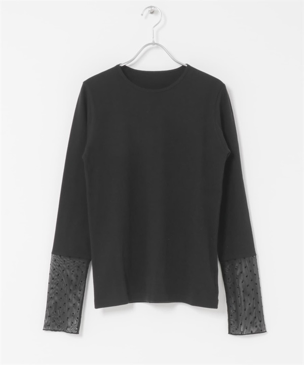 袖口點點拼接長袖T恤(黑色-FREE-BLACK)