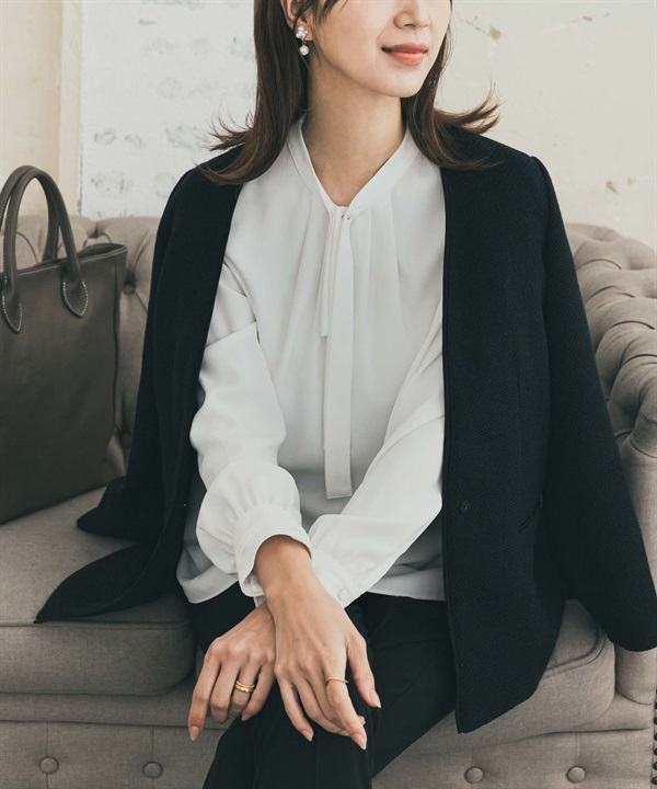 原子扣領結打褶罩衫