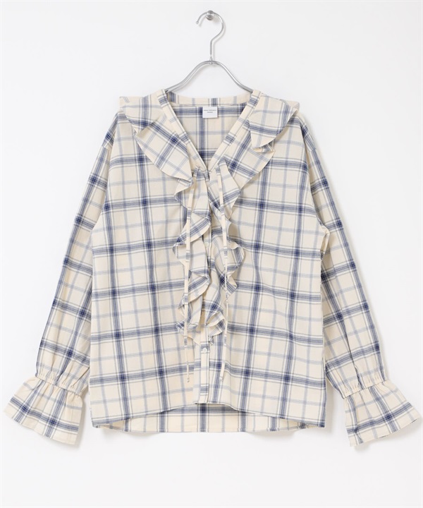 格紋荷葉邊罩衫(藍色系-FREE-其他藍色)