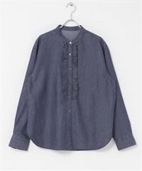 正面荷葉邊襯衫(靛青色-FREE-INDIGO BLUE)