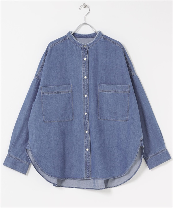 立領牛仔襯衫(靛青色-FREE-INDIGO BLUE)