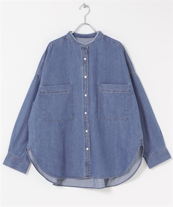立領牛仔襯衫(靛青色-FREE-INDIGO BLUE)