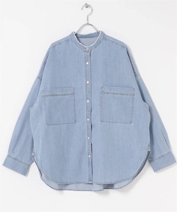 立領牛仔襯衫(淺靛青色-FREE-ONE WASH)