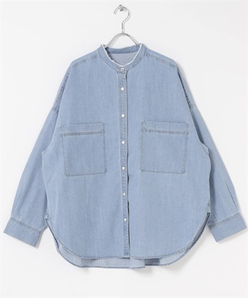 立領牛仔襯衫(淺靛青色-FREE-ONE WASH)