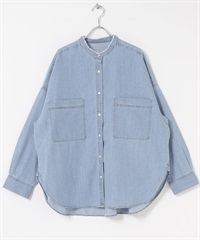 立領牛仔襯衫(淺靛青色-FREE-ONE WASH)