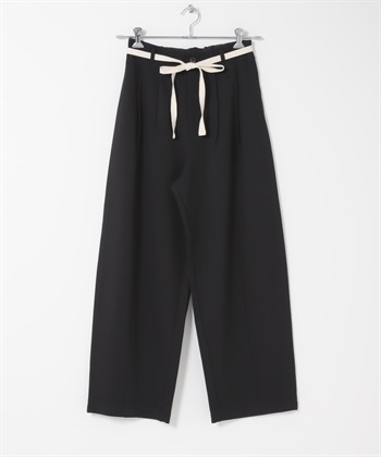 腰部蝴蝶結彈性弧線剪裁長褲(黑色-S-BLACK)
