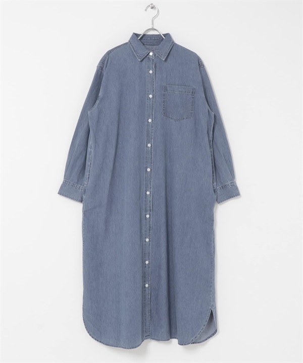 輕量棉質牛仔襯衫洋裝(淺靛青色-FREE-LIGHT INDIGO BLUE)