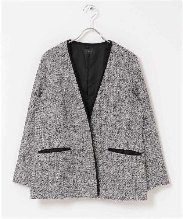 粗花呢V字無領長版西裝外套(米色x黑色-FREE-其他黑色)