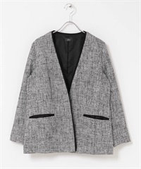 粗花呢V字無領長版西裝外套(米色x黑色-FREE-其他黑色)