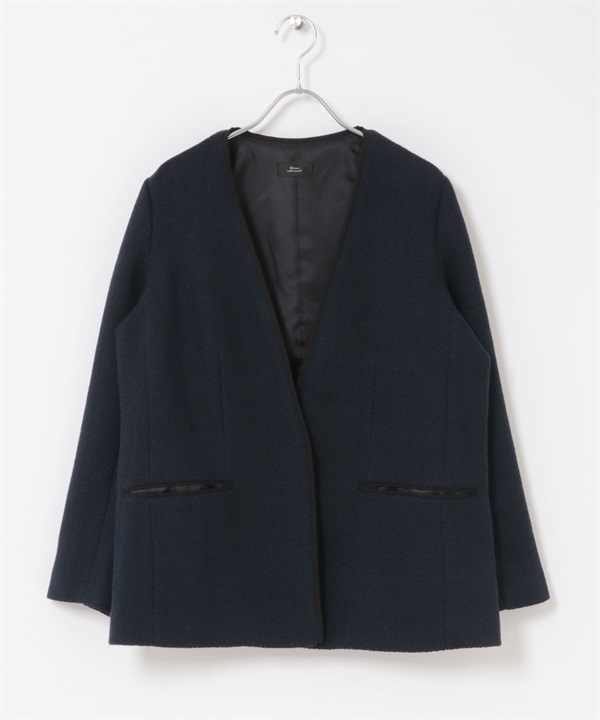 粗花呢V字無領長版西裝外套(藏青色-FREE-NAVY)