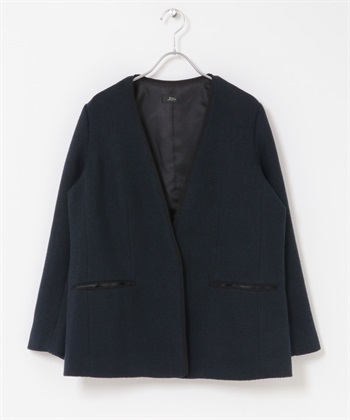 粗花呢V字無領長版西裝外套(藏青色-FREE-NAVY)