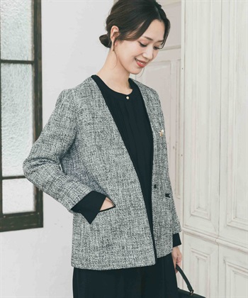 粗花呢V字無領長版西裝外套