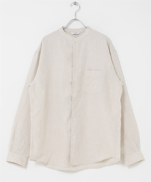 絲光加工亞麻立領長袖襯衫(亞麻色-M-IVORY)