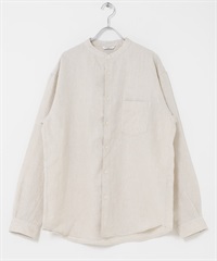 絲光加工亞麻立領長袖襯衫(亞麻色-M-IVORY)