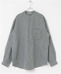 絲光加工亞麻立領長袖襯衫(格紋-M-CHECK)