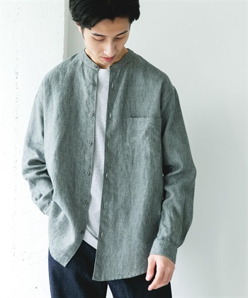 絲光加工亞麻立領長袖襯衫