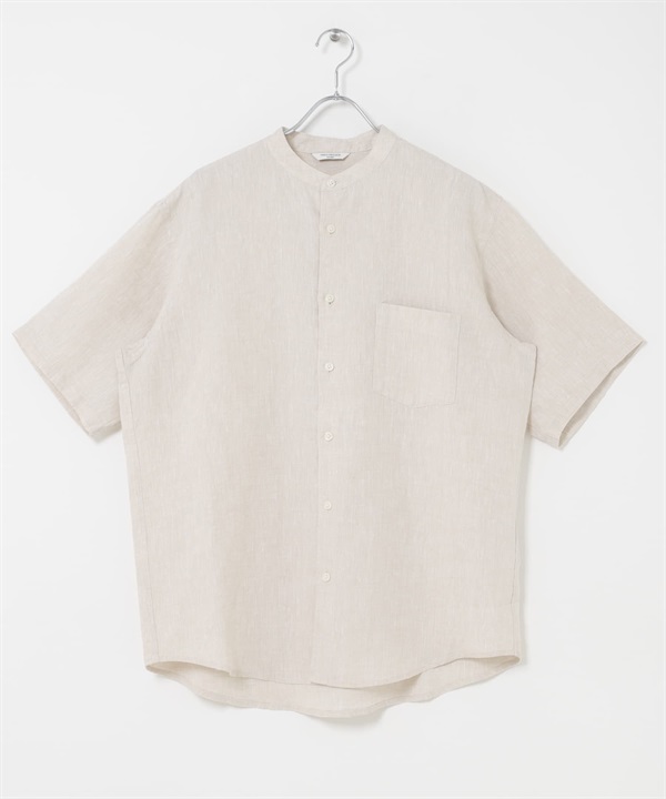 絲光加工亞麻立領短袖襯衫(亞麻色-M-IVORY)