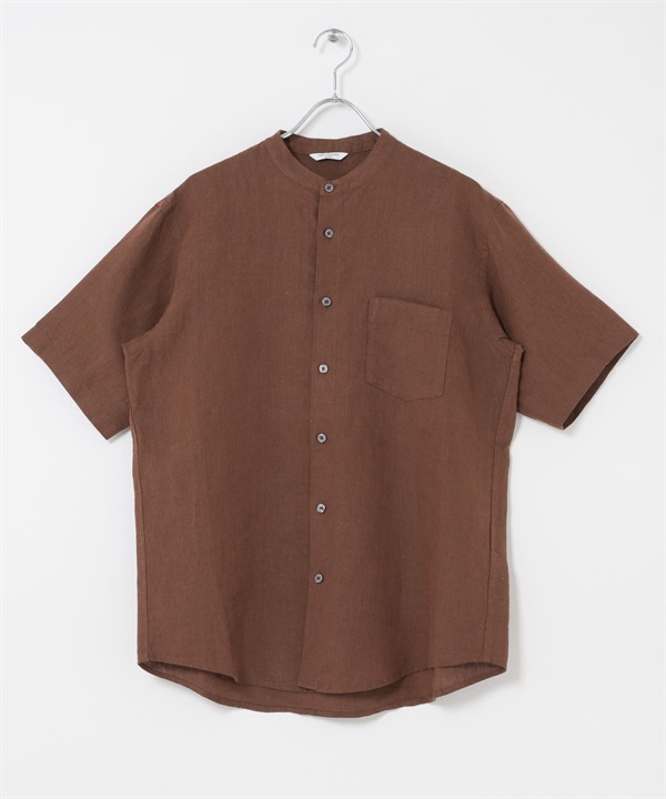 絲光加工亞麻立領短袖襯衫(棕色-M-BROWN)