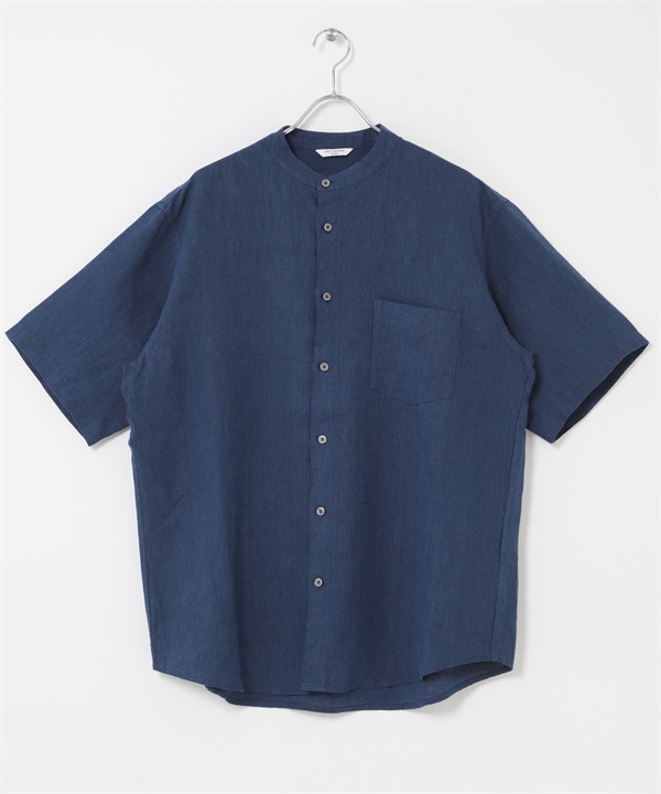 絲光加工亞麻立領短袖襯衫(靛青色-M-INDIGO BLUE)