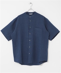 絲光加工亞麻立領短袖襯衫(靛青色-M-INDIGO BLUE)