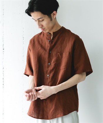 絲光加工亞麻立領短袖襯衫