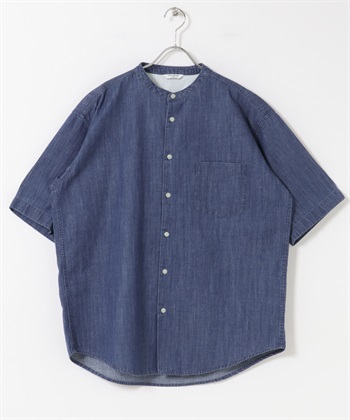 混麻料牛仔立領短袖襯衫(牛仔仿舊-L-其他藍色)