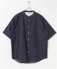 混麻料牛仔立領短袖襯衫(牛仔原色-M-ONE WASH)