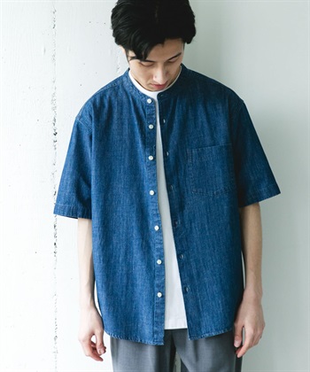 混麻料牛仔立領短袖襯衫