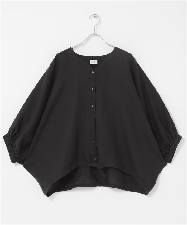 亞麻抽繩蝙蝠袖罩衫(黑色-FREE-BLACK)