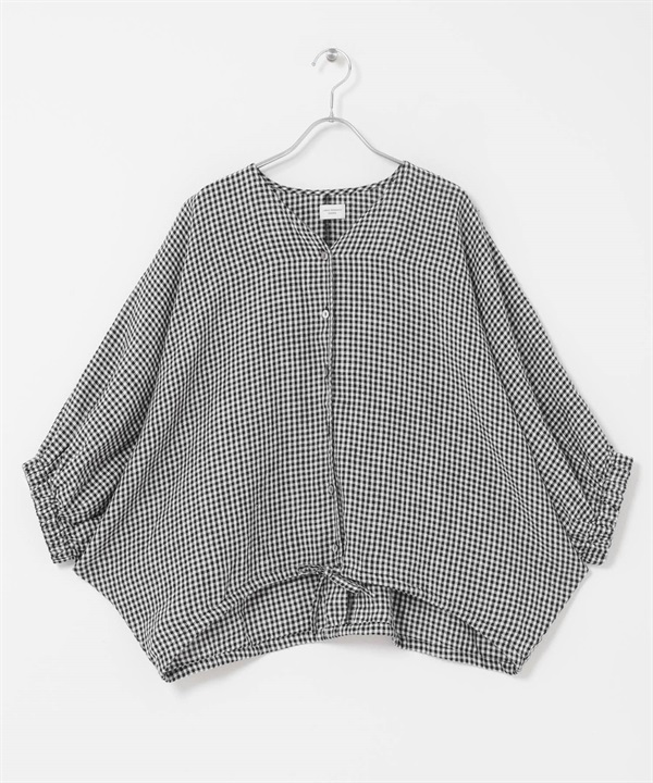 亞麻抽繩蝙蝠袖罩衫(嘉頓格紋-FREE-CHECK)