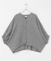亞麻抽繩蝙蝠袖罩衫(嘉頓格紋-FREE-CHECK)